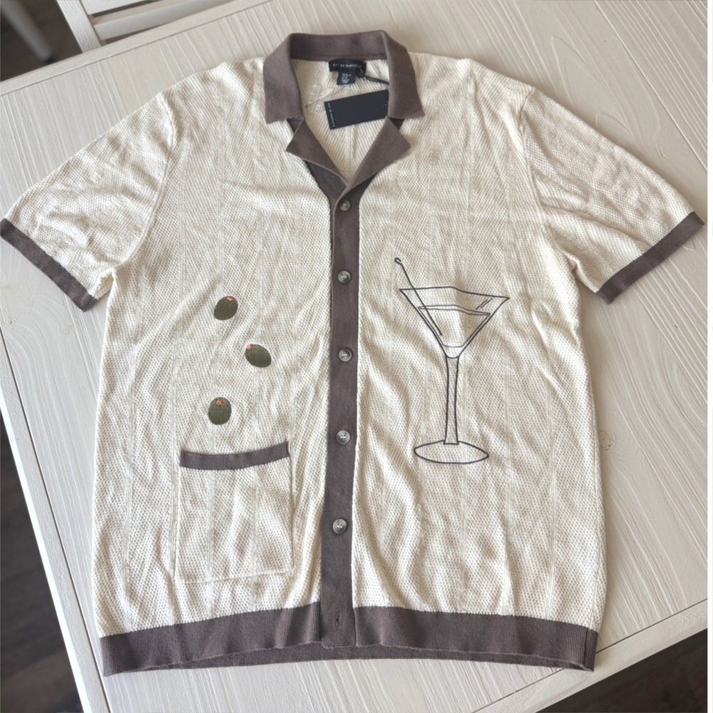 NEW Art of Rhetoric Mens Cabana Martini Glass Knit Button Down Shirt Cream XL